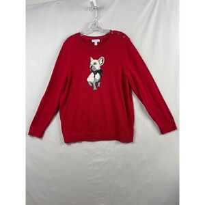 Charter Club French Bulldog Sweater Womens XL Red Studded Button Trim